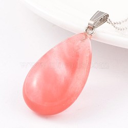 Teardrop Platinum Tone Brass Cherry Quartz Glass Pendants, 41~43x23~25x11~13mm, Hole: 5mm(G-F267-07B)