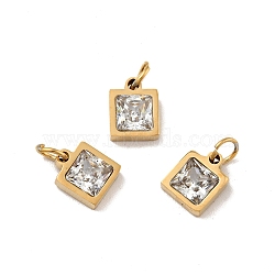 Vacuum Plating 304 Stainless Steel Pendants, with Cubic Zirconia and Jump Rings, Single Stone Charms, Square, Golden, Clear, 8.5x7x3mm, Hole: 3.6mm(STAS-D189-01G-B16)