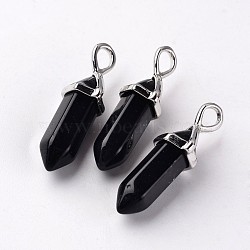 Bullet Natural Obsidian Pendants, with Platinum Plated Random Alloy Pendant Hexagon Bead Cap Bails, 27~31x10x8mm, Hole: 4x3mm(X-G-E332-A03)