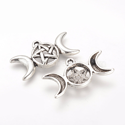 Tibetan Style Alloy Pendants, Cadmium Free & Lead Free, Triple Goddess Pentagram Moon, Pagan Jewelry, Antique Silver, 16x30x4mm, Hole: 2mm, about 390pcs/1000g(TIBE-Q070-51AS-RS)