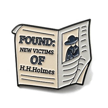Newspaper Enamel Pin, Electrophoresis Black Alloy Brooch for Backpack Clothes, Word Found New Victims of H.H.Holmes, Cornsilk, 26.5x29x1.6mm