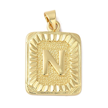 Rack Plating Brass Pendants, Long-Lasting Plated, Lead Free & Cadmium Free, Square with Letter Charms, Letter N, 24x17x2.5mm, Hole: 4x3.5mm