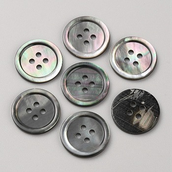 Natural Shell Buttons, 4-Hole, Flat Round, Black, 12.5x1.7mm, Hole: 1.6mm