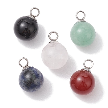 Natural Mixed Gemstone Round Charms, with Stainless Steel Color Plated 201 Stainless Steel Bead Cap Pendant Bails, 14x10mm, Hole: 2.4mm