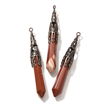 Natural Red Jasper Pointed Big Pendants, Faceted Bullet Charms with Brass Findings, Red Copper, Cadmium Free & Lead Free, 77~84x12mm, Hole: 2.5mm