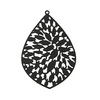 Spray Printed 430 Stainless Steel Pendants, Etched Metal Embellishments, Black, Teardrop, 50x33x0.3mm, Hole: 1.5mm