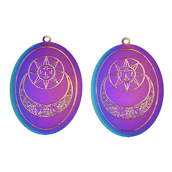 Ion Plating(IP) 304 Stainless Steel Filigree Pendants, Etched Metal Embellishments, Oval with Moon & Sun, Rainbow Color, 38x26x0.3mm, Hole: 1.6mm