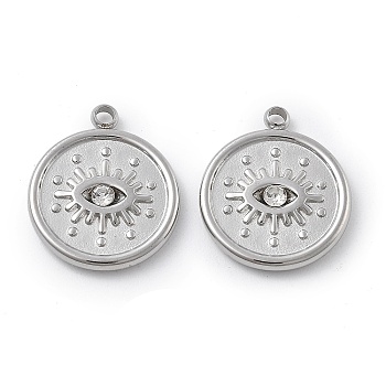 304 Stainless Steel Rhinestone Pendants, Flat Round Evil Eye, Stainless Steel Color, 15.5x13x2.5mm, Hole: 1.5mm