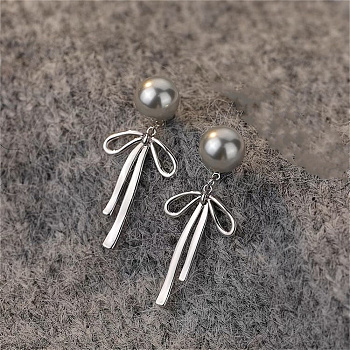 999 Silver Grey Pearl Bowknot Dangle Earrings for Women