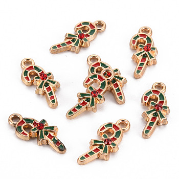 Eco-Friendly Alloy Enamel Pendants, with Rhinestone, Cadmium Free & Lead Free & Nickel Free, Light Gold, Christmas Candy Cane, Colorful, 19.5x9.5x3mm, Hole: 1.8mm