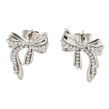 Brass Stud Earrings, Plastic Imitation Pearl Earrings for Women, Bowknot, Platinum, 21x18mm