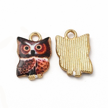 Printed Alloy Pendants, Lead Free & Cadmium Free & Nickel Free, Owl Charm, Golden, Coconut Brown, 15x10.5x2mm, Hole: 1.8mm