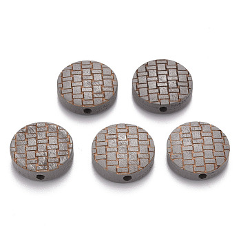 Painted Natural Wood Beads, Laser Engraved Pattern, Flat Round, Silver, 15x5mm, Hole: 1.8mm