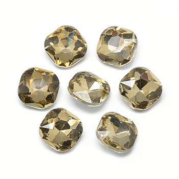 Pointed Back Glass Rhinestone Cabochons, Faceted, Back Plated, Square, Dark Khaki, 12x12x5mm