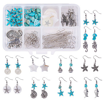 DIY Earring Making, with 316 Surgical Stainless Steel Pendants, Freshwater Shell Pendants, Synthetic Turquoise Beads and Brass Earring Hooks, Mixed Color, 11x7x3cm