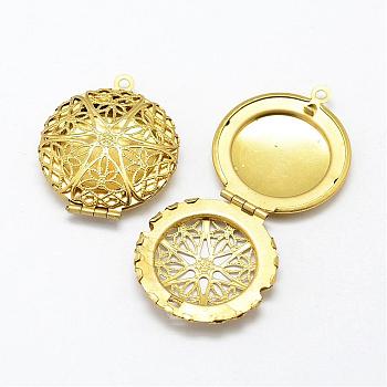 Brass Locket Pendants, Flat Round, Nickel Free, Raw(Unplated), 32x27x7mm, Hole: 2mm