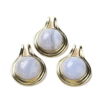 Natural Blue Lace Agate Pendants, Rack Plating Golden Plated Brass Half Round Charms, Cadmium Free & Lead Free, 28x22.5x10mm, Hole: 2x4mm