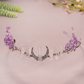Moon Metal Hair Bands, Natural Quartz Wrapped Hair Hoop for Bridal Crown Hair Accessories, Purple, 450mm