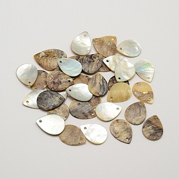 Flat Teardrop Natural Akoya Shell Charms, Mother of Pearl Shell Pendants, Tan, 15.5~16x12x1~1.5mm, Hole: 1mm, about 720pcs/bag