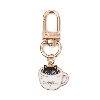 Cup with Cat Alloy Enamel Pendant Decorations, Alloy Swivel Clasps Charms for Bag Ornaments, White, 54mm, Cat: 19x20mm