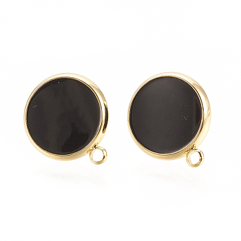 Brass Stud Earring Findings, with Enamel and Loop, Flat Round, Nickel Free, Real 18K Gold Plated, Black, 16.5x14mm, Hole: 1.5mm, Pin: 0.7mm