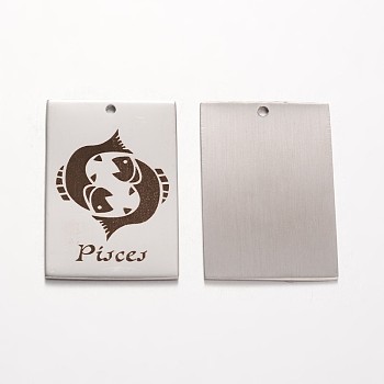 Rectangle Stainless Steel Pendants, Constellation/Zodiac Sign, Pisces, 30x20x1mm, Hole: 1.5mm
