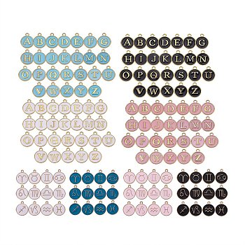 Alloy Enamel Pendants, Flat Round, Constellation and Letters Pattern, Cadmium Free & Lead Free, Golden, Mixed Color, 8sets/box