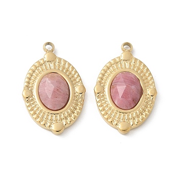 304 Stainless Steel Pendants, Oval Charms, with Rhodochrosite, Ion Plating(IP), Real 18K Gold Plated, 20.5x13x4mm, Hole: 1.6mm