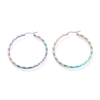 Electroplated 304 Stainless Steel Big Hoop Earrings, Hypoallergenic Earrings, Twisted Ring, Rainbow Color, 49x45x2.5mm, 10 Gauge, Pin: 0.7x1mm