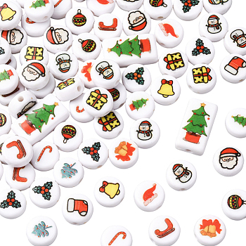 100Pcs Christmas Theme Printed Opaque Acrylic Beads, Mixed Shapes, Mixed Color, 10~18.5x10~10.5x5~6mm, Hole: 1.8~ 2mm