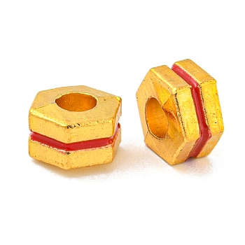 Brass Enamel Beads, Long-Lasting Plated, Lead Free & Cadmium Free, Real 18K Gold Plated, Hexagon, Red, 7x7x4mm, Hole: 2.5mm