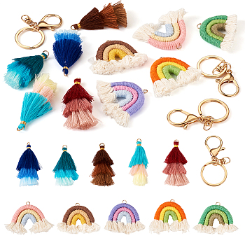 DIY Rainbow Tassel Keychain Making Kit, Including Cotton Tassel & Polycotton Woven Pendants, Alloy Keychain Clasp Findings, Mixed Color, 15Pcs/set