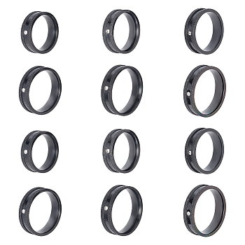12Pcs 6 Size Crystal Rhinestone Grooved Finger Rings Set, Stainless Steel Jewelry for Women, Electrophoresis Black,  Inner Diameter: 16~21.2mm, 2Pcs/size