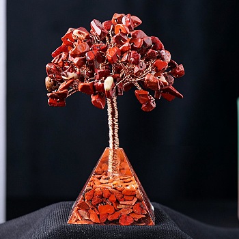 Natural Red Jasper Chips Tree Decorations, Gemstone Pyramid Base with Copper Wire Feng Shui Energy Stone Gift for Home Office Desktop Ornament, 90~100mm