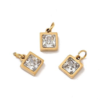 Vacuum Plating 304 Stainless Steel Pendants, with Cubic Zirconia and Jump Rings, Single Stone Charms, Square, Golden, Clear, 8.5x7x3mm, Hole: 3.6mm