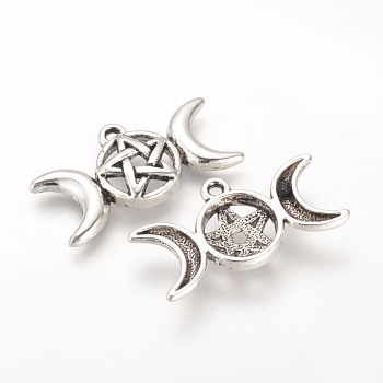 Tibetan Style Alloy Pendants, Cadmium Free & Lead Free, Triple Goddess Pentagram Moon, Pagan Jewelry, Antique Silver, 16x30x4mm, Hole: 2mm, about 390pcs/1000g