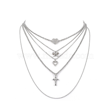 5Pcs 5 Style Heart & Bowknot & Cross Clear Cubic Zirconia Pendant Necklaces Set(NJEW-JN04145)-4