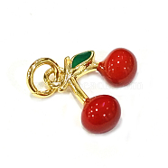 Brass Enamel Charms, Long-Lasting Plated, Real 18K Gold Plated, Cherry, Red, 11x13x5.5mm, Hole: 2.4mm(KK-B026-13G)