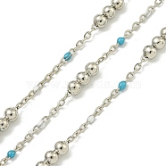 Brass Enamel Round Beaded Link Chain, Soldered, with Spool, Long-Lasting Plated, Cadmium Free & Lead Free, Platinum, Dark Turquoise, 12x3.5mm(CHC-G022-07P-18)