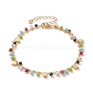 Charm Anklets, with Rondelle Faceted Glass Beads, Brass Heart Beads and 304 Stainless Steel Lobster Claw Clasps, Colorful, Golden, 9-1/8 inch(23.2cm)(AJEW-AN00363)