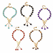 Gemstone & Glass Beaded Bracelets, 304 Stainless Steel Butterfly with Tassel Chain Charm Bracelets for Women, Mixed Color, 7-1/8 inch(18.1cm)(BJEW-F441-01)