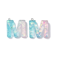 Transparent Epoxy Resin Pendants, with Paillette & Platinum Tone Loops, Two Tone, Letter M, 30.5x29x7mm, Hole: 2mm(CRES-XCP0001-32M)