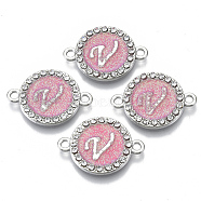 Alloy Enamel Links Connectors, with Crystal Rhinestones, Flat Round with Letter, Silver Color Plated, Letter.V, 22x16x2mm, Hole: 1.8mm(ENAM-TAC0003-01S-03V)