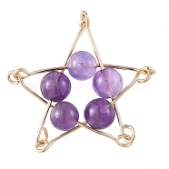 Natural Amethyst Pendants, with Golden Plated Iron Eye Pin, Star, 29x29x6.5mm, Hole: 1mm(PALLOY-JF00444-03)