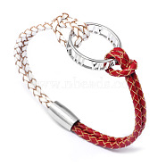 Alloy Ring Links Bracelets, with Leather Cord and Alloy Magnetic Clasps, Platinum, Red, 7-1/2 inch(19cm)(BJEW-F352-17P-02)