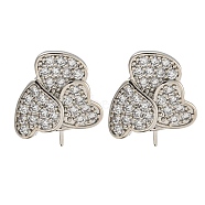 Rack Plating Brass Micro Pave Clear Cubic Zirconia Studs Earrings Finding, Cadmium Free & Lead Free, Long-lasting Plated, Heart, Platinum, 15x14mm, Pin: 0.8mm(KK-T072-12P)