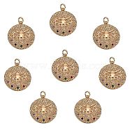 Rack Plating Brass Micro Pave Colorful Cubic Zirconia Pendants, with Jump Rings, Nickel Free, Flat Round with Evil Eyes, Real 18K Gold Plated, 22x20x2mm, Hole: 3mm, 8pcs/box(KK-SZ0005-39)