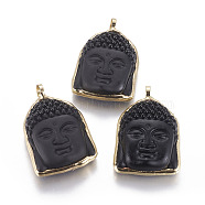 Glass Pendants, with Brass Findings, Buddha Head, Black, Golden, 56.5~59x38~39x13.5~14mm, Hole: 7.8mm(GLAA-L022-22G)