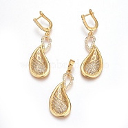 Brass Micro Pave Cubic Zirconia Jewelry Sets, Pendant and Earrings, Long-Lasting Plated, teardrop, Real 24K Gold Plated, 44mm, Hole: 5x7mm, 54mm, Pin: 0.9mm(SJEW-F189-03G)