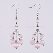 Dangle Earrings, with Cat Eye Round Beads, Brass Earring Hooks, Stainless Steel Beads & Pins, Lavender Blush, 69mm, Pendant: 52x16mm(EJEW-JE03888-01)